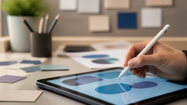 Stylus product design QA detail on tablet with abstract prototype shapes