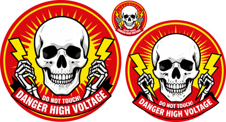 Fototapeta premium Danger high voltage warning sign with skull and lightning bolts, industrial safety hazard emblem, red and yellow electrical alert vector