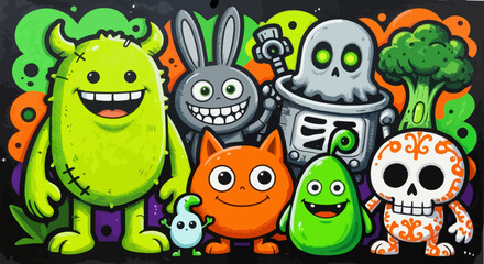 Naklejka premium Vibrant cartoon monster characters, playful doodle art collection, colorful creature group vector illustration for kids