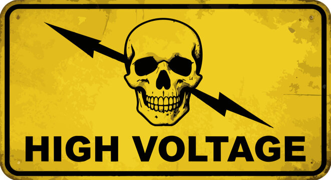 Vintage high voltage warning sign, weathered yellow metal plate with skull and lightning bolt, industrial danger signal vector