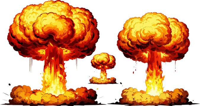 Nuclear explosion mushroom cloud vector set, atomic bomb blast illustrations, fiery orange smoke plumes for gaming and war concepts