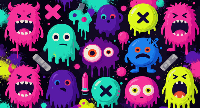 Neon monster graffiti pattern, vibrant cartoon creature characters, colorful street art style vector with dripping slime and urban elements