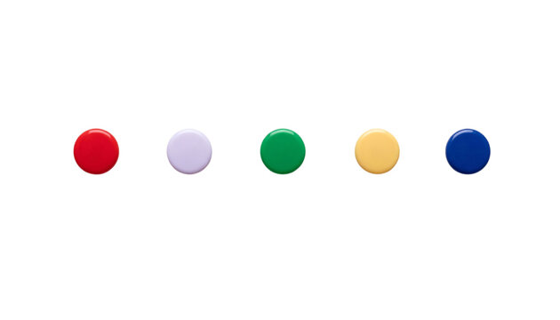 Set of five colorful round plastic pushpins in a row on a transparent background