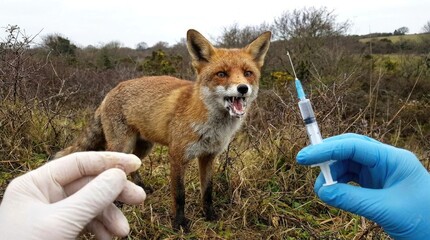 Naklejka premium Wild canine affliction: rabies threat, animal disease, rhabdovirus pathogen, rabies virus, medical syringe, foam mouth, vaccinate organism, wildlife health.
