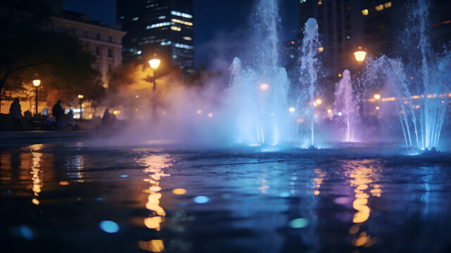 Illuminated city fountain with blue and purple water jets at night