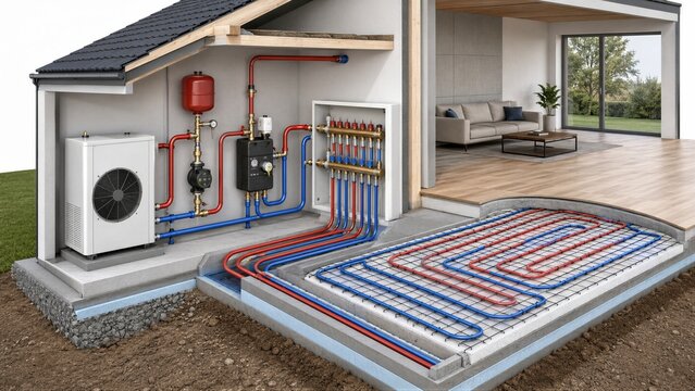 Cross section of modern house showing hydronic underfloor heating system with heat pump, manifold and pipe loop. Energy efficient radiant floor heating installation concept
