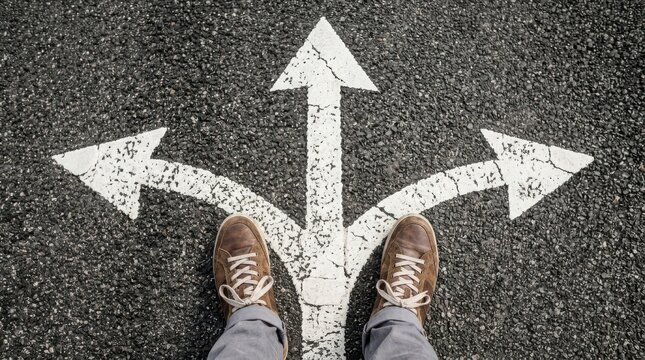 Person standing at a threeway intersection with white arrows