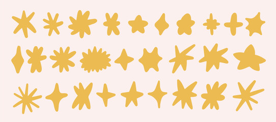 Fototapeta premium Doodle drawn yellow star icons set. Color organic abstract explosion r burst symbol. Silhouettes vector set in flat style
