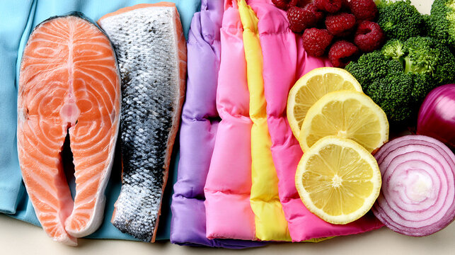 Fresh raw salmon steak slices alongside colorful vegetables and lemon slices