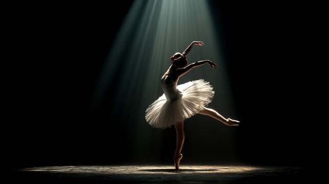 A ballerina in a white tutu dancing on stage