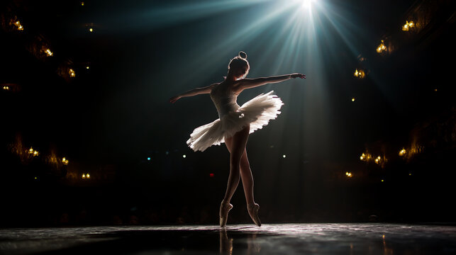 A ballerina in a white tutu dancing on stage