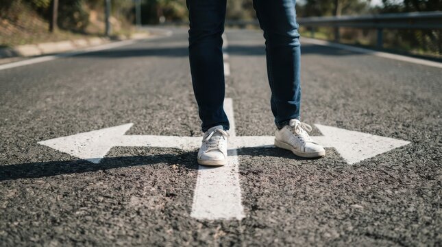 Person standing at a crossroads on an asphalt road
