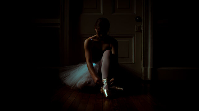 A ballerina sitting on the floor, putting her shoes