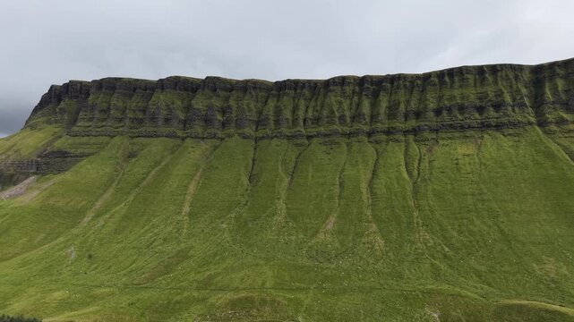 Panoramic aerial footage of the iconic Benbulben flat-topped mountain cliffs, County Sligo, Ireland.