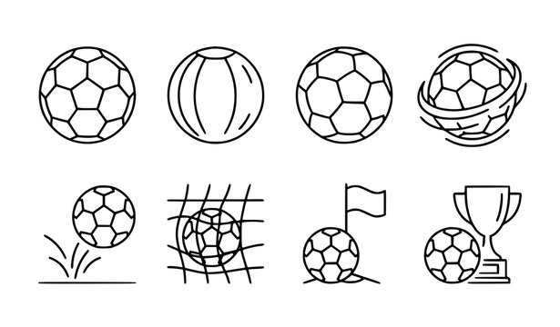 Minimal soccer ball outline icon collection with football goal match and championship symbols