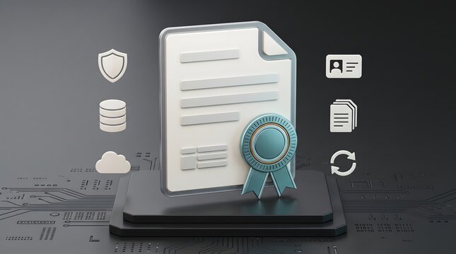Digital smart contract concept with 3D certified document and verification seal over microchip representing secure electronic agreements
