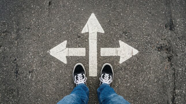 Person standing at a threeway intersection on an asphalt road