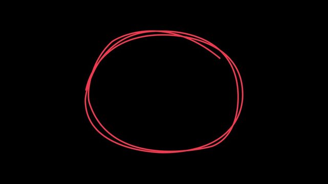 Hand-drawn red circle animation loop on black background, for emphasis and, highlighting