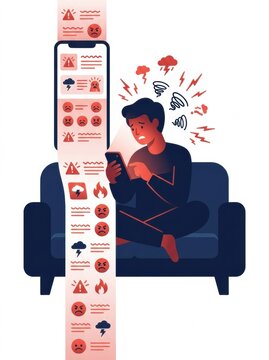 A person sits on a sofa looking at a phone with negative social media content. Stress signals appear around them, showing the effect on mental health.