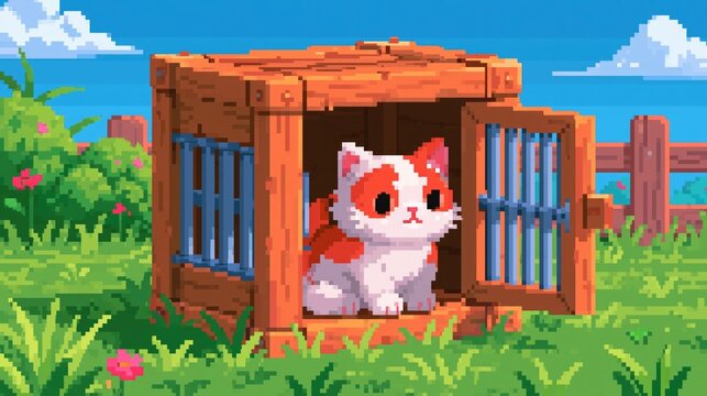 text
Curious cat exploring new horizons outside a wooden crate in a pixel art garden
text
Pixel art of a cute kitten leaving comfort zone in a sunny grassy field with flowers
text
Exploring new locati