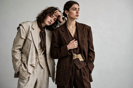 Elegant fashion models in oversized suits, stylish women in brown and beige tailoring, high-end editorial portrait for apparel branding