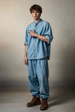Stylish young man in blue denim outfit, casual male model in oversized shirt and trousers, full length fashion portrait on neutral background