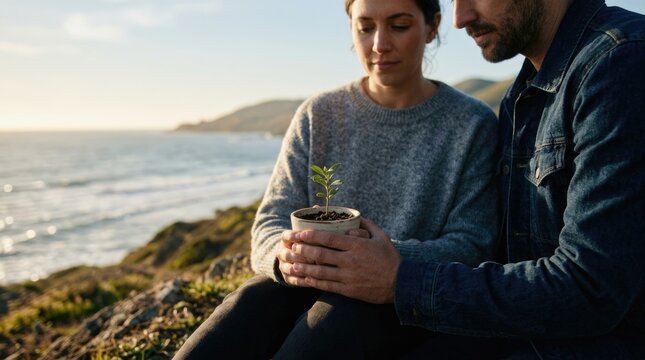 Future family seedling: infertility challenge, new life growth, parenthood dream, hopeful beginning, nurturing couple, ocean vista, green sprout.