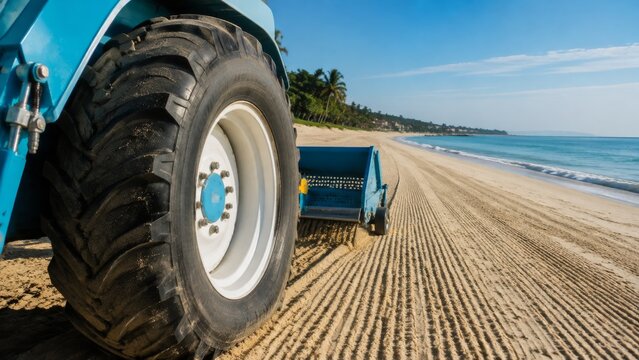 Beach cleaning tractor tire with a rake mechanism in action side view with warm sunset light clear