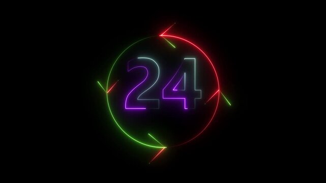 Colorful neon '24' with rotating circular frame