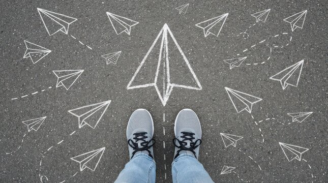 Person standing among paper airplanes drawn on the ground