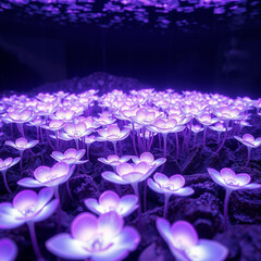 Breathtaking landscape of bioluminescent purple glowing alien flowers