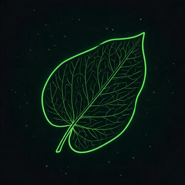 Glowing leaf with neon veins on dark technology background