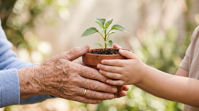 Generational hands holding small plant