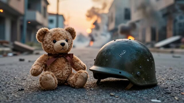 Teddy bear and military helmet in destroyed city street during war