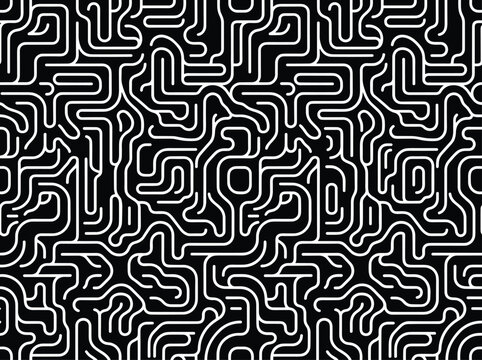 Seamless pattern of white maze-like lines on a black background, creating a complex and geometric texture for various applications