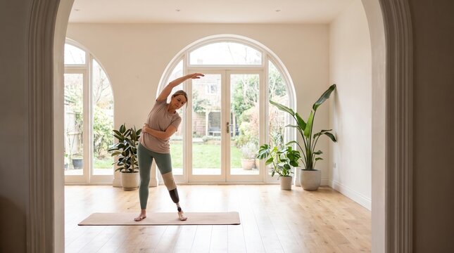 Woman with prosthetic leg stretching at home