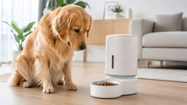 Golden retriever dog waiting for food from automatic smart pet feeder