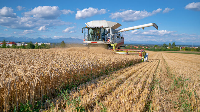 Large combine harvester seen from behind while harvesting a vast wheat field, thick cloud of chaff and dust rising into the autumn sunlight, clean parallel tracks leading toward the horizon, dramati