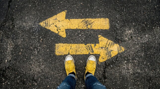 Person standing on asphalt with yellow arrows pointing opposite directions