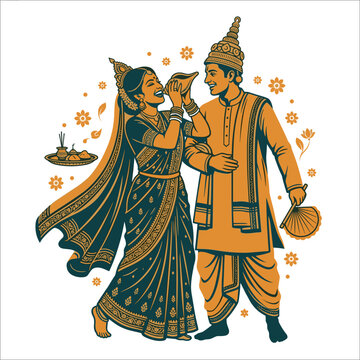 Beautiful bengali couple traditional dress vector illustration depicting a happy bride and groom during their wedding ceremony with cultural elements.