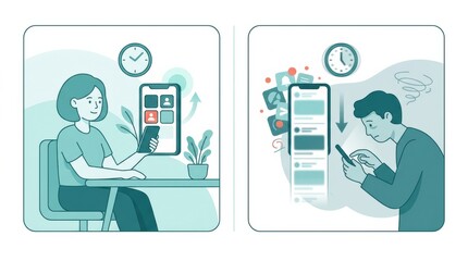 Fototapeta premium People interact with social media on smartphones in a home setting. One user is relaxed while the other looks stressed.