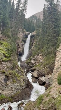 The Bars Tears Waterfall is the most famous waterfall in the Barskoon Gorge, Issyk Kul Kyrgyzstan