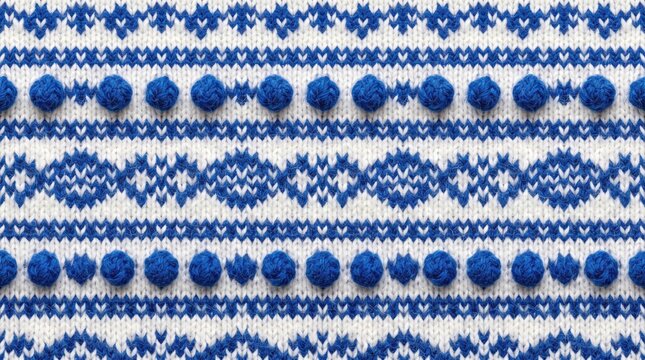 Intricate blue and white knitted pattern with raised pom-poms for textile design and craft projects
