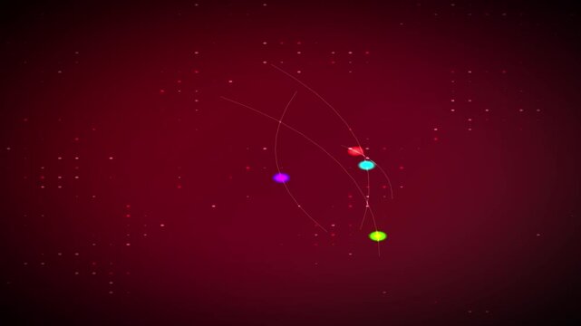 Glowing Data Particles Moving along Curved Paths on Dark Red Background