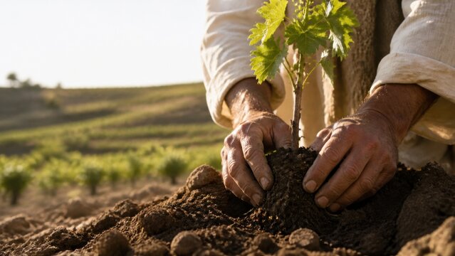 Man planting young grapevine seedling in vineyard soil. Biblical parable of vineyard owner preparing land for tenants from gospel of Luke. Faith, stewardship and cultivation concept