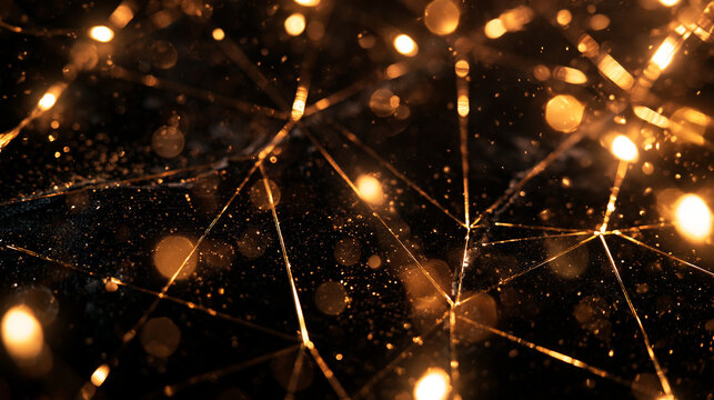 Abstract Golden Network with Bokeh Lights on Dark Background
