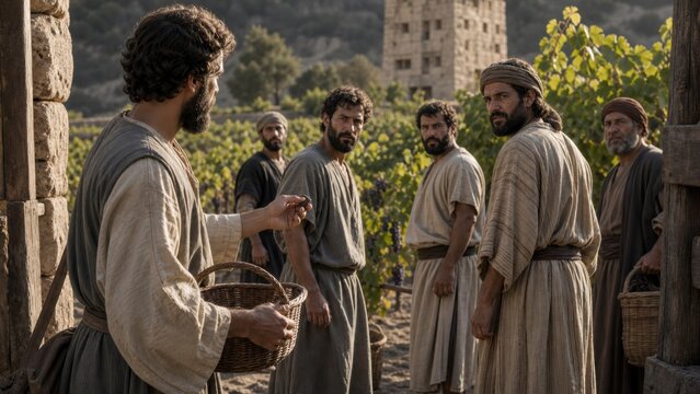 Servant holding basket confronting hostile vineyard tenants in biblical parable. Story of rejected messengers and wicked husbandmen about faith, responsibility and