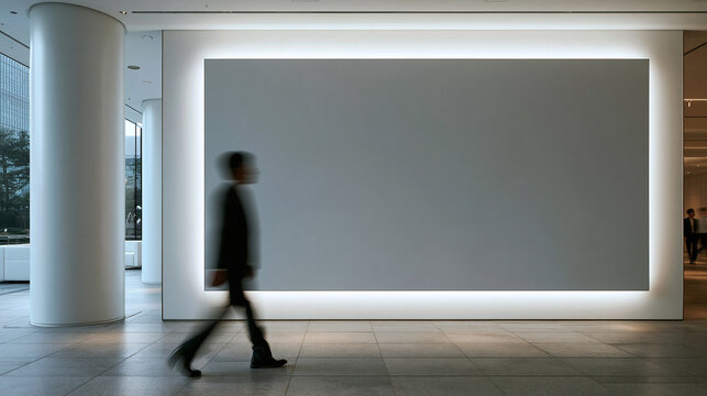 Blank Mockup Billboard with Businessman Walking in Modern Lobby