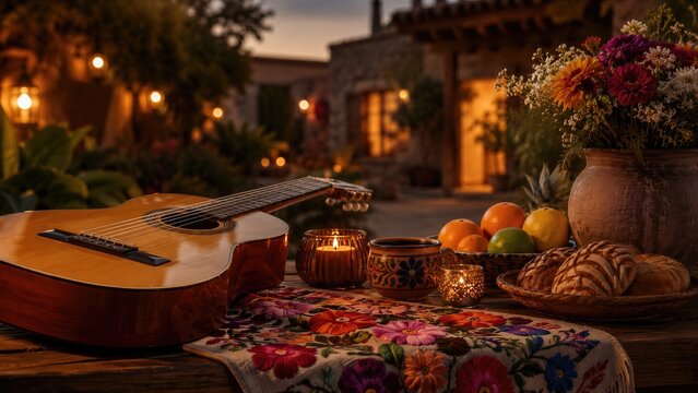 Acoustic guitar on wooden table with embroidered textile, candle, ceramic mug, pan dulce and flower vase at evening patio. Hispanic heritage and culture celebration concept