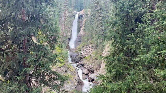 The Bars Tears Waterfall is the most famous waterfall in the Barskoon Gorge, Issyk Kul Kyrgyzstan